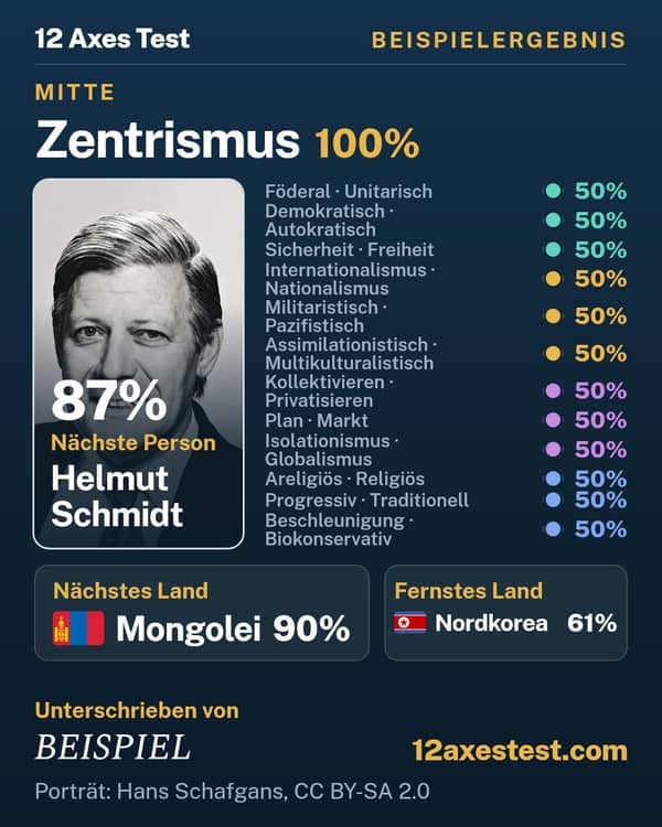 Beispielergebnis aus dem 12 Axes Test: Zentrismus, Mitte