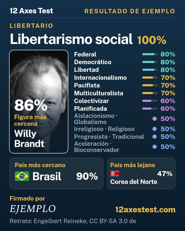 Resultado de ejemplo del 12 Axes Test: Libertarismo social, libertario