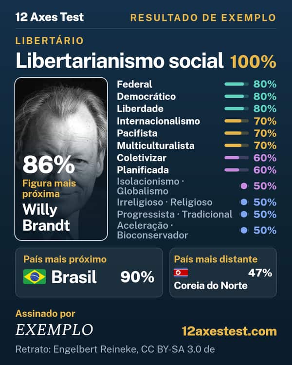 Resultado de exemplo do 12 Axes Test: Libertarianismo social, libertário
